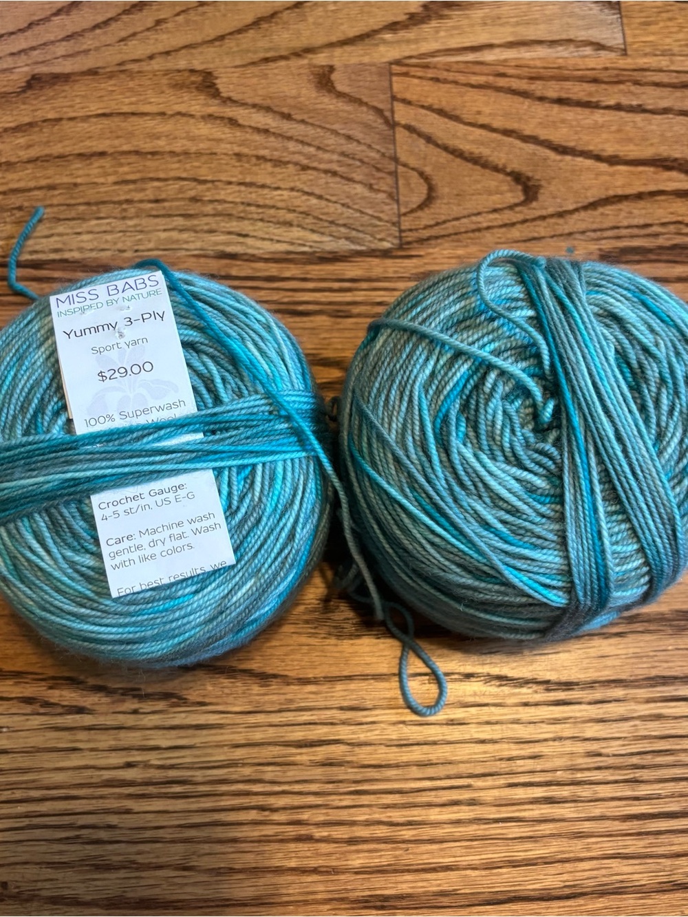 Miss Babs Yummy 3 Ply Yarn Lot of 2 Polar Cap Turquoise Sport 100% Merino Wool